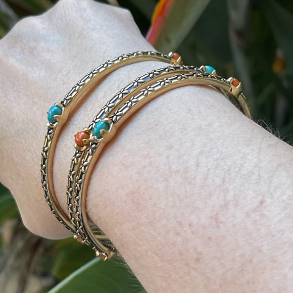 BARSE Bundle of 3 turquoise and agate signed antique bronze color metal bangles - Picture 2 of 8